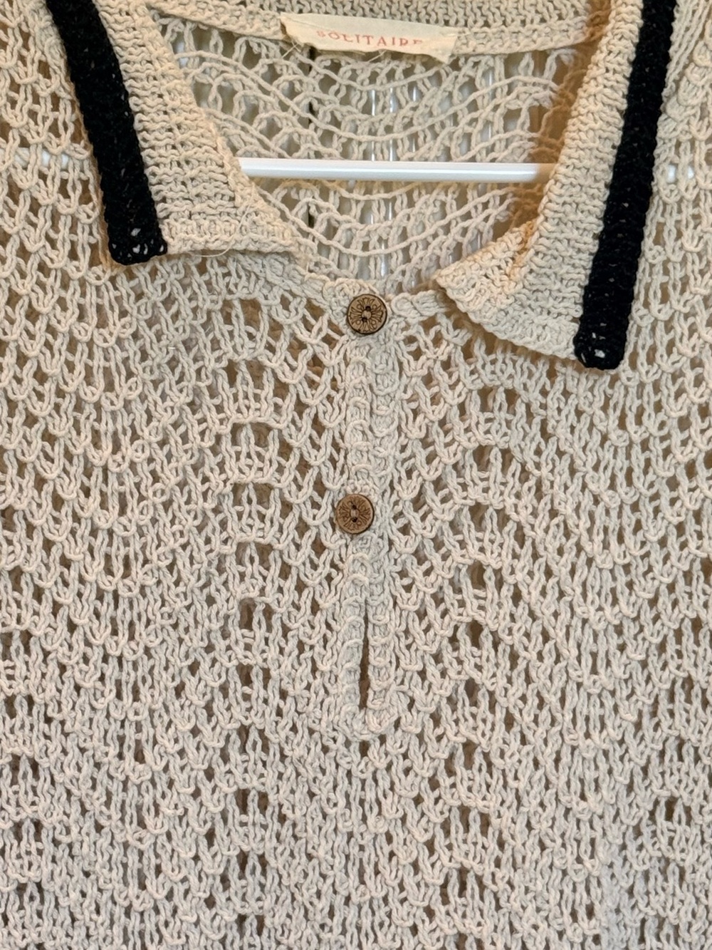 Solitaire Cream Knit Polo Crochet Blouse with Black Trim - Picture 2 of 4